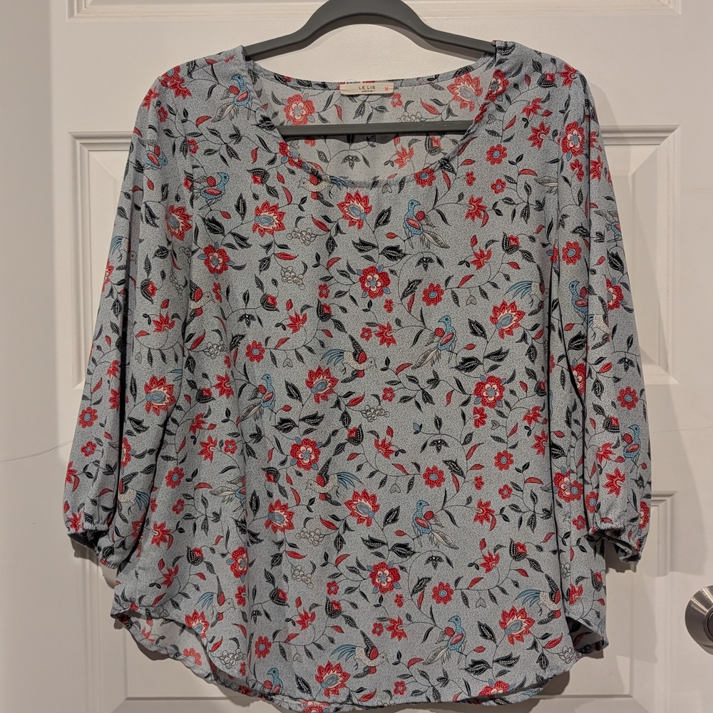 Le Lis Floral Blouse - Red and Gray